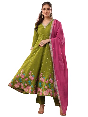 Image of Libas Embroidered Silk Blend Anarkali Kurta With Trouser and Dupatta
