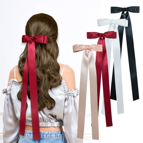 4PCS-Silky-Satin-Extra-Long-Hair-Bow-Clips-for-Women-Girls-White-Black-Red-Pink-Long-Bows-for-Hair-Tassel-Hair-Ribbon-Bow-Hair-Clip-with-20-Long-Tails-Handmade-Long-Bow-Hair-Accessories-for-Women