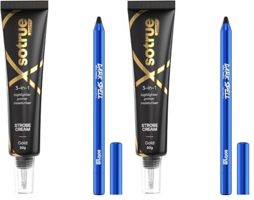 Image of Sotrue Dark Spell Kohl Kajal + Gold Radiance Multipurpose Strobe Cream Combo | 24H Smudgeproof Waterproof Kajal | Instant Golden Glow | Hydrating Primer, Highlighter & Makeup Duo (Pack of 2)