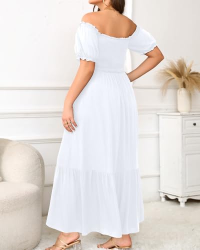 Image of Plus Size Sun Dresses Women - Summer Off the Shoulder Puff Sleeve A Line Boho Maxi Flow Long Dress 2025