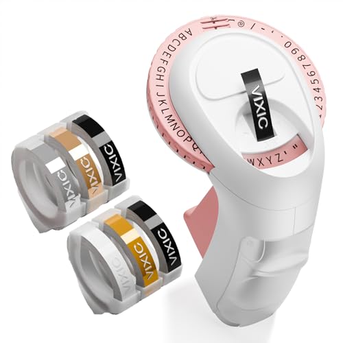 Vixic Omega S Labeling Maker Prägedrucker, 3D-Prägemaschine, Etikettendrucker mit Prägung, 6 Rollen Prägeetiketten 9 mm hinzufügen, Rosa 3D Label Maker Etikettendrucker