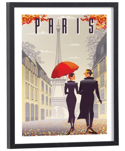 Tableau Paris Vintage 30x40 cm cadre bois noir photo couple Tour Eiffel