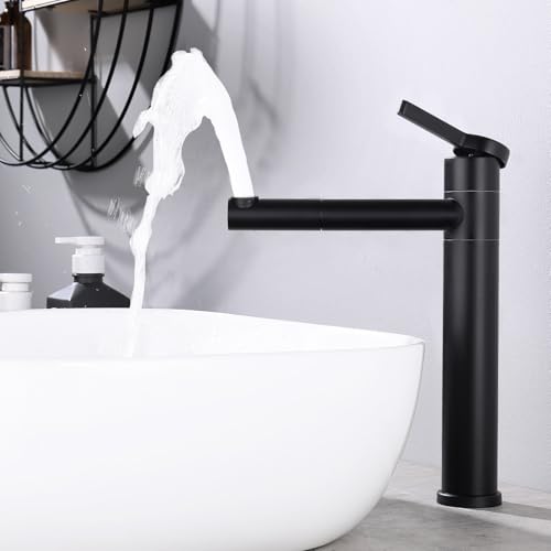 HOMELODY Robinet de salle de bain noir haut avec bec rotatif à 360° et corps - Robinet de salle de bain en acier inoxydable avec hauteur d'écoulement de 215...