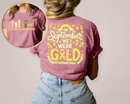 Childhood Cancer Awareness Shirt Women in September We Wear Gold Tshirt Gold Ribbon Pediatric Cancer Short Sleeve Tops4