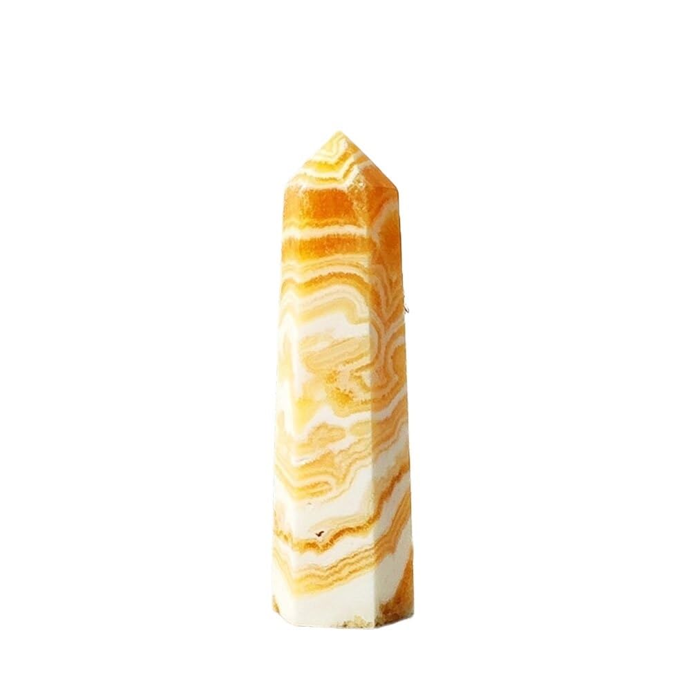 HUFFA Natural Crystal Hexagonal Prism Ornaments - Pink and White Agate Column Raw Stone Decor(Yellowfrozensingletip,9cm)