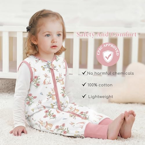 Image of Chilsuessy Toddler Sleep Sack with Feet 2-3 T, 1.0 TOG Cotton Baby Wearable Blanket with Legs, Sleep Bag Walker with 2-Way Zipper, Pink & White