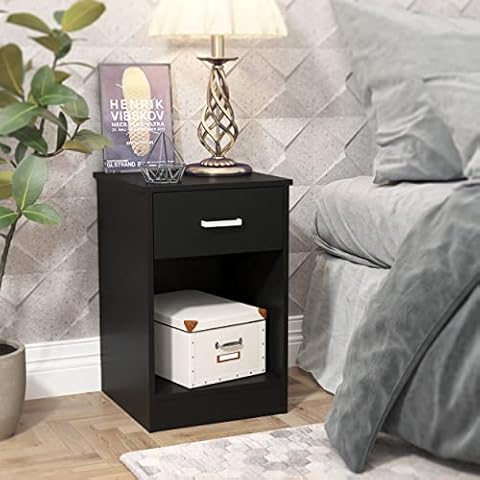 RAAMZO 2-Tier Nightstand End Table Side Table for Bedroom Home Office Bedside Cabinets with 1-Drawer and Open Shelf, Black Cover