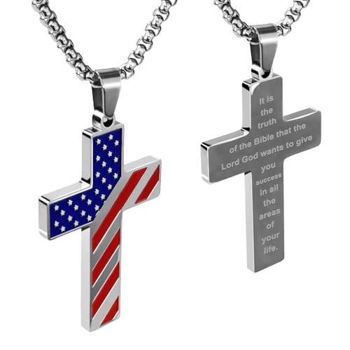 Ironkoi Cross Necklace for Men: 18+2 Inch Stainless Steel American Flag Pendant Chain with Bible Verse - Christian Gifts for Men Mens Jewelry Baptism Gifts