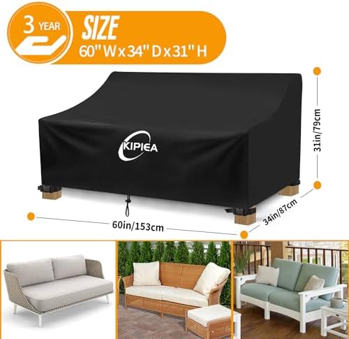 Kipiea Patio Sofa Cover, Heavy Duty 600D Outdoor Couch Cover Waterproof Winter, 2-Seat Patio Furniture Cover Loveseat, Outdoor Sofa Covers with Anti UV and No Tears, No Fading (60" W x 34" D x 31" H)