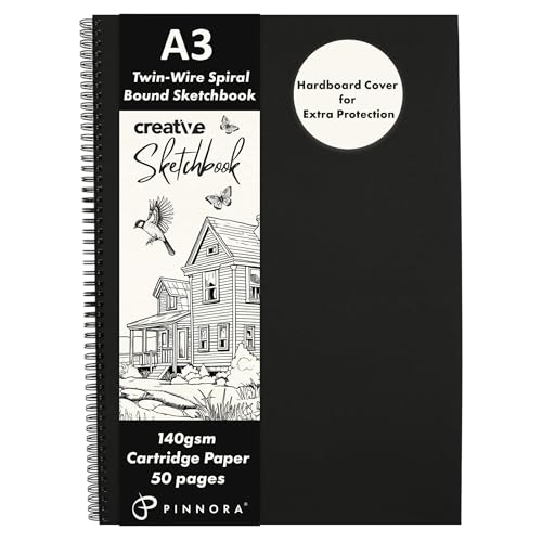 PINNORA Creative A3 Sketchbook (140GSM) - Black Hardcover Sketch Book with Thick Cartridge Paper | Twin-Wire Spiral Bound Sketch Pad, A3 Drawing Pad for Sketching - Art Book for All Ages (50 Pages)