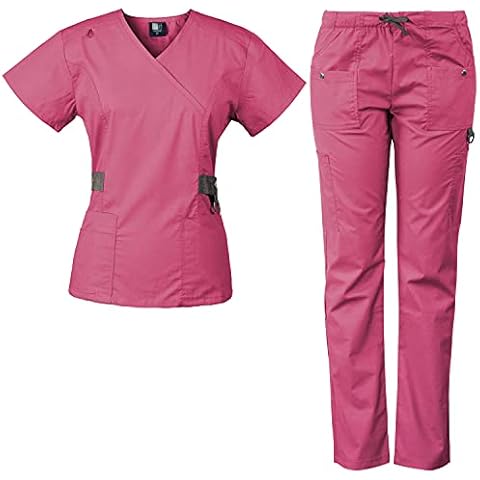 Medgear 12-Pocket Women's Scrub Set with Silver Snap Detail & Contrast Trim (Large, Wild Rose) Cover