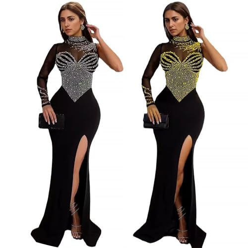 Image of Jigfar Women Sexy Elegant Rhinestone Mesh See Through Party Club Night Split Bodycon Formal Maxi Dress