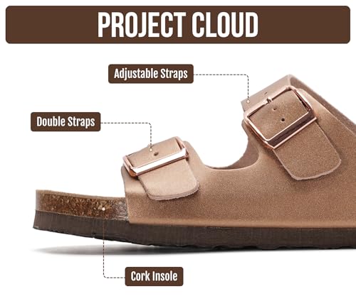 Image of Project Cloud 100% Genuine Leather Flat Sandals For Women 2026 Cork Footbed Womens Sandals with Memory Foam and arch support Vacation Essentials Slides for Women Footwear (Venita)