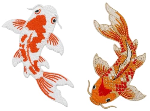 Lot de 2 grands écussons brodés en forme de carpe koï - Orange et blanc - À thermocoller ou à coudre - Carpe colorée (10,2 x 6,3 cm)