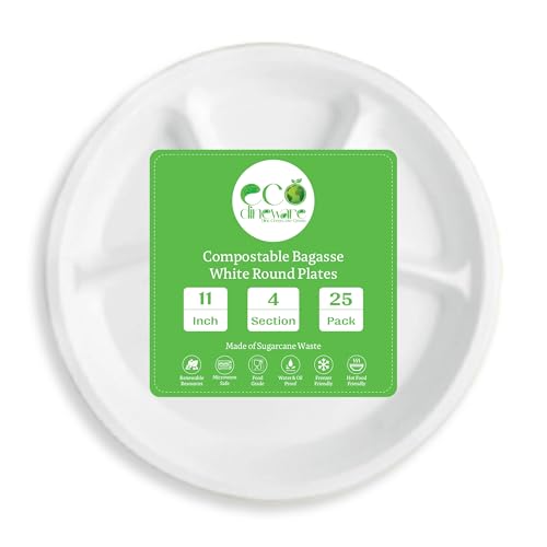 Image of Eco Dineware 11 Inch 4 Compartment 25 Pack Round Biodegradable Bagasse Plates Compostable Disposable Food Plates Dinnerware Recyclable Multiperpose Plate