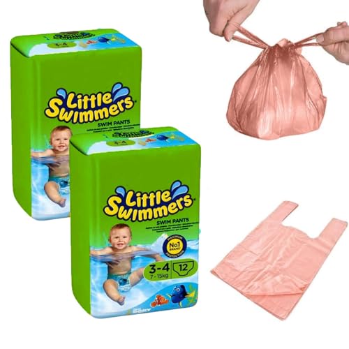 Swim Nappies Size 3-4 with Nappy Bags for Swim Nappy Little Swimmers Disposible Swimming Nappies for Babies (7-15kg) x 24 - Waterproof Nappies Great for Summer Indoor Outdoors Pools
