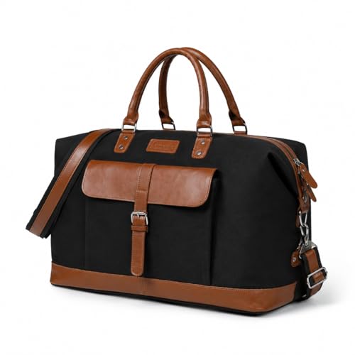 Image of Genuine Leather Large 40L Canvas Weekender Travel Duffle Cabin Bag with Detachable Shoulder Strap for Men and Women Overnight Sling Bag (Black)