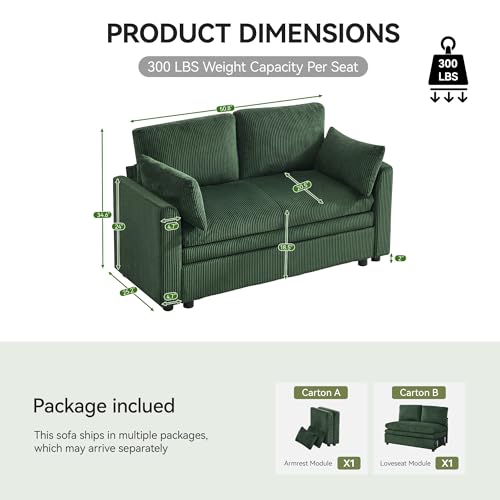 Image of 51 inch Sectional Loveseat Couches with Comfy Deep Dual-Layer Cushion, 2 Seater Couch, Modern Modular Love seat Sofa, Corduroy Sofas for Living Room, Apartment, Green