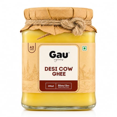 Image of Gau Organics A2 Desi Cow Ghee 250ml | Traditional Bilona Method from Curd | Made from Indigenous Desi Cow Milk | Lab Tested with 117 Quality Checks | Pure Ghee Glass Jar