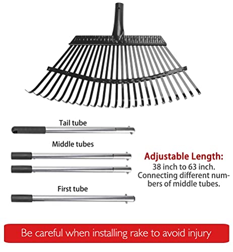 Homimp Adjustable Garden Leaf Rake,38"-63" Lightweight Aluminum Handle 25 Tines Rake,19" Inch Wide,For Gardeners,Kids Leaf Rake,Detachable Garden Rake,Easy To Carry #TOP1