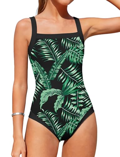 Image of Shallmu Girls Swimsuits Color Block Adjustable Thick Strap One Piece Bathing Suits with Cover Up Skirt Girl's Swimwear 9-16Y
