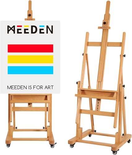 MEEDEN Extra Große H-Rahmen Staffelei, Schwere Buche Holz Atelierstaffelei, Hält Leinwand bis 208,3 cm, Klappbare Verstellbare Holzstaffelei Malstaffelei mit Rädern für Künstler Erwachsene Küche, Haushalt & Wohnen