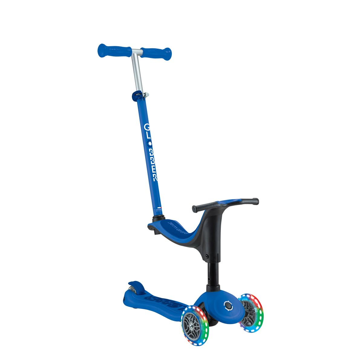 Globber - GO•UP Sporty Lights - Patinete evolutivo de 3 Ruedas con Asiento Desmontable, reposapiés y Luces LED, para niños de 15 Meses a 6 años - Color Azul Oscuro