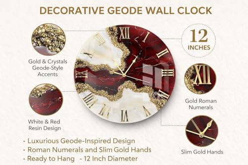 Image of Handmade Resin Wall Clock with Roman Numerals Wall Clock with Gold Finish, Silent Quartz Movement, Modern Decorative Wall Clock for Living Room, Bedroom, Home & Office Decor | (Design-13)