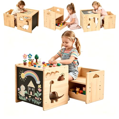 Image of Brobear Weaning Table and Chair Set for 3-Layer Adjustable, Storage Drawer | for Ages 1-3,Blackboard, Storage Hooks, Puzzle Storage Boards, Natural Wood,CPC Certification, for Dining, Painting, Reading