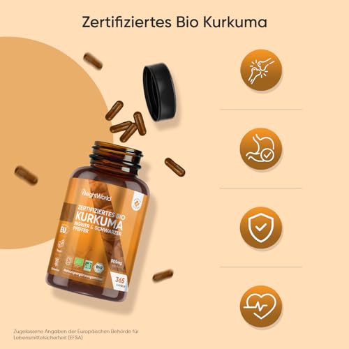 Bio Kurkuma Kapseln - 365 Turmeric Capsules - 1 Jahr Vorrat - Curcuma Pulver mit Ingwer & Schwarzer Pfeffer - Vegan - Bio Zertifiziert - Alternative zu Curcuma Extraxt - Laktosefrei - WeightWorld