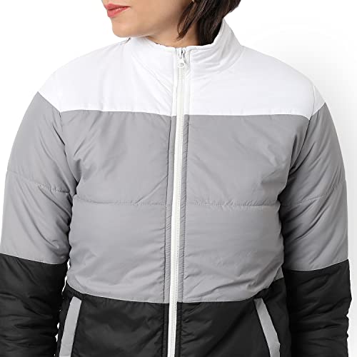 Image of Campus Sutra Women Grey Colour-Blocked Puffer Regular Fit Bomber Jacket For Winter Wear | Standing Collar | Full Sleeve | Zipper | Casual Jacket For Woman & Girl | Western Stylish Jacket For Women