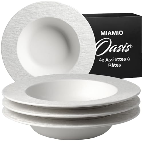 MIAMIO – 26 cm, lot de 4 assiettes à pâtes, grandes assiettes creuses, vaisselle moderne en céramique noir/blanc, passe au micro-ondes et au...
