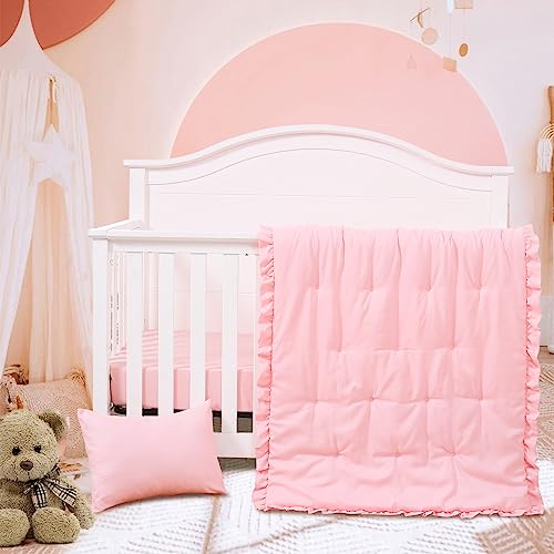 Image of JISEN 3 Piece Crib Bedding Set Soft Baby Ruffle Crib Comforter Set with Quilt, Sheet, Pillowcase - Nursery Bedding for Boys or Girls Pink