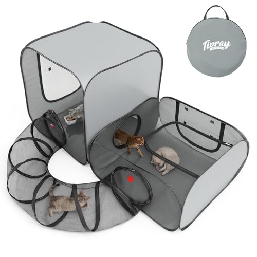 Tivray Cat Playpen, 3-in-1 Pop-up Outdoor Cat Enclosure with 2 Rooms 1 Tunnel, Breathable Pet Playpen for Indoor Outdoor Use, Portable Catio Tent with Carry Bag for Kitten Rabbit Small Animals, Gray