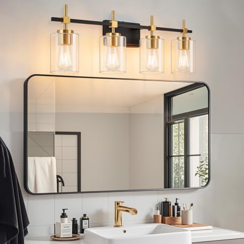 HEWEGO Modern Black Gold 4-Light Bathroom Vanity Light | Vintage Wall Mounted Light with Glass Shade | for Bedroom, Hallway, Living Room
