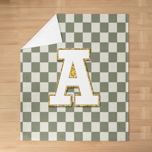 Image of Erosebridal Sage Green Checkered Fleece Blanket Throw 50 inchx60 inch Plaid Initial A Flannel Blanket Personalized Monogram Fuzzy Plush Throw for Kids Boys Girls,Fashion Grids Gingham Decor for Bed Couch