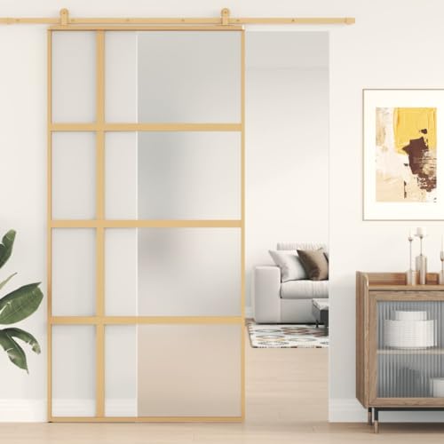 Gecheer Puerta Corrediza, para Interior, en Vidrio ESG y Aluminio, Oro y Vitrificado, de 4 Barras, 102,5x205 cm, Puerta Corrediza de Vidrio y Aluminio, Puerta para Interior