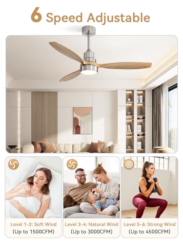 Image of Sofucor 52 Inch Solid Wood Smart Ceiling Fans with Lights and Remote, Works with App /Alexa /Google, 6-Speed Outdoor Ceiling Fan with Light, 3 Blade Ceiling Fan, Quiet DC Motor for Living Room Patio