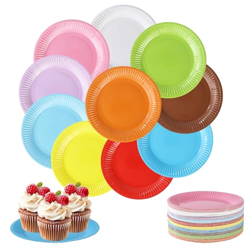 BUCOMTU 120 Stück DIY Pappteller bunt, 7 Zoll runde bunte Pappteller, Papiergeschirr, geeignet für Kindergeburtstage, Feiern, Grillpartys und andere Feste oder Feierlichkeiten