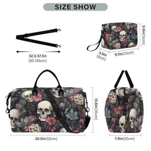 Skull Travel Duffle Bag Gym Bag, Skull Color Flower Weekender Bags for Women with Toiletry Bag Travel Tote Bag Swim Bag3