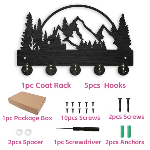 ORIGACH Black Mountains and Forests Wooden Key Holder for Wall 30×16.9cm Wood Key Rack with 5 Metal Hooks Wall Mounted Mountains Key Hooks for Front Door Kitchen Entryway Hallway - Image 4