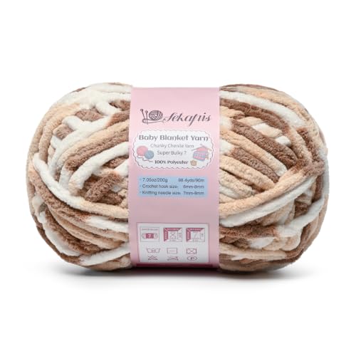 Image of White Coffee 7.05 oz /98.4 yds Chunky Chenille Yarn for Crocheting, #7 Super Bulky Baby Blanket Yarn for Crocheting Soft, Fluffy Velvet Yarn for Knitting, Amigurumi Crochet Yarn for Crafts