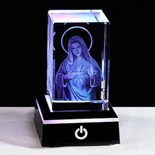 3D Crystal Engrave Virgin Mary Figurine Statue with LED Base Catholic Gifts for Friend Women Religious Presents Ornament for Home