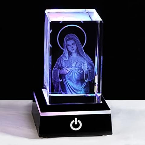 3D Crystal Engrave Virgin Mary Figurine Statue with LED Base Catholic Gifts for Friend Women Religious Presents Ornament for Home Cover