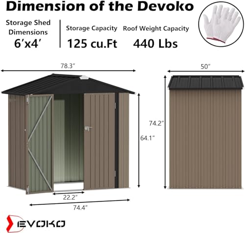 Image of Devoko Outdoor Storage Shed 6 x 4 FT Lockable Metal Garden Shed Steel Anti-Corrosion Storage House with Double Lockable Door for Backyard Outdoor Patio (Brown)