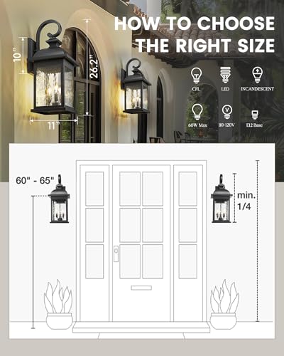 Image of FEMILA 26 inch Outdoor Wall Light, Large Exterior Wall Lantern with Water Ripple Glass, 3-Light Outdoor Wall Light Fixtures for Entryway, Patio, Garage, Doorway, E12 Base, 4FD54B-L BK