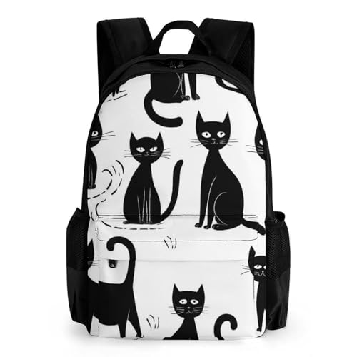 Supdreamc Men Women Polyester Funny Black Cats White Daypack Bookbag Big Capacity Shoulder Bag With Padded Straps for Climbing Travel Walking Cycling