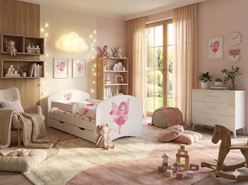 Happy Babies Cama infantil con colchón y cajón y protección anticaídas, 80 x 160 cm, para niñas y adolescentes, cama juvenil para cama nido de suelo, somier, color blanco
