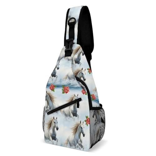 Breathable Mesh Shoulder Pack White Horses Gym Fitness, Moisture-Wicking Crossbody Sling Yoga Running Workouts