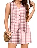 LOMON 2 Piece Sets for Women Summer Outfits V Neck Sleeveless Matching Shorts Set Button Down Work Pockets Linen Suit(Red Apricot Plaid,S